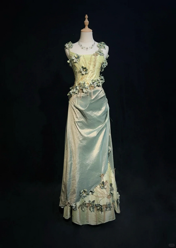 Vintage Green A Line Spaghetti Straps Beaded 3D Flower Satin Prom Dress Evening Dress HZ1023